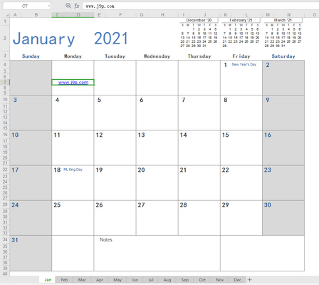2021日历excel分月可打印版