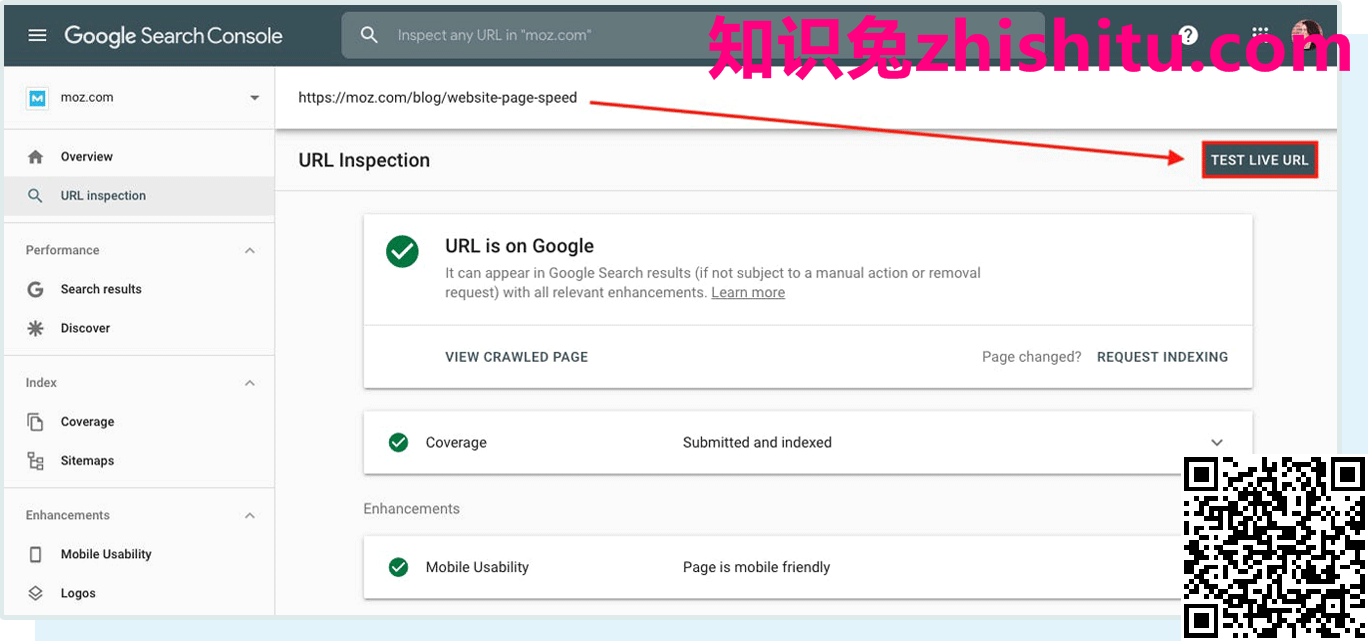 在Google Search Console中测试实时URL版本的位置。