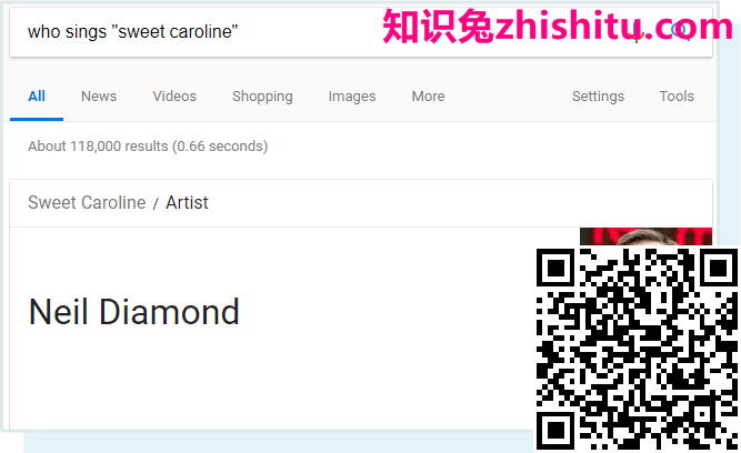 查询“谁唱甜甜的caroline”的SERP功能结果的屏幕截图(答案是Neil Diamond。)