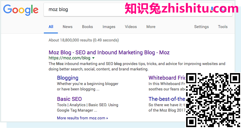 查询“ moz博客”和生成的SERP的屏幕截图。
