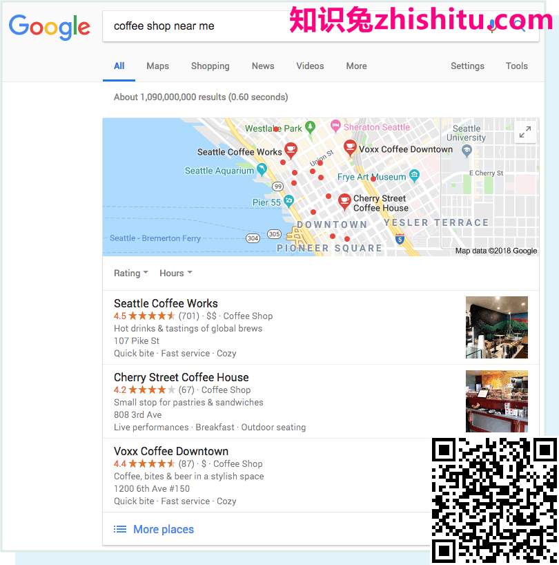 查询“我附近的咖啡店”以及得到的带有本地结果的SERP的屏幕截图。