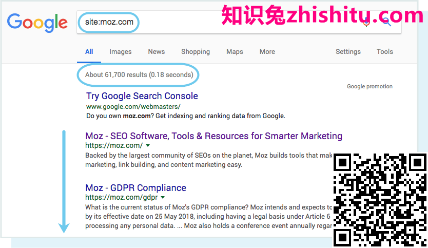 Google的site:moz.com搜索的屏幕截图,显示在搜索框下方。