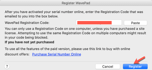 知识兔点击Register WavePad 界面的“Paste”按钮粘贴上去激活信息,最后知识兔点击“Register”按钮即可。 知识兔点击Register WavePad 界面的“Paste”按钮粘贴上去激活信息,最后知识兔点击“Register”按钮即可。