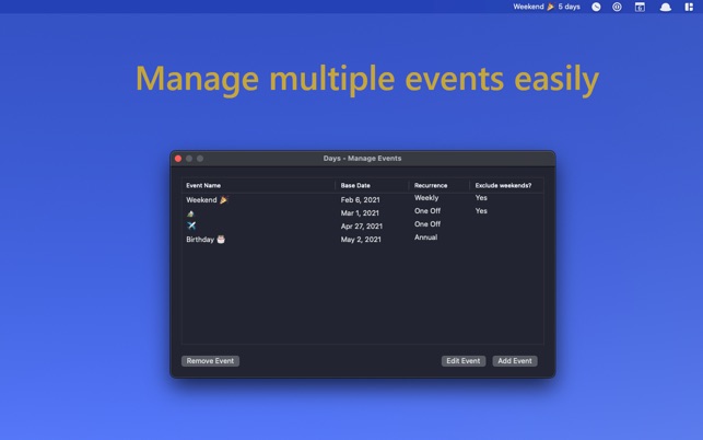 Days – Countdown for Menu Bar Mac 1.9.1 破解版 日历提醒软件