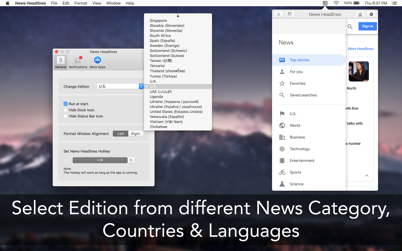 新闻头条 News Headlines 3.9 Mac 中文破解版 从菜单栏获取最新消息