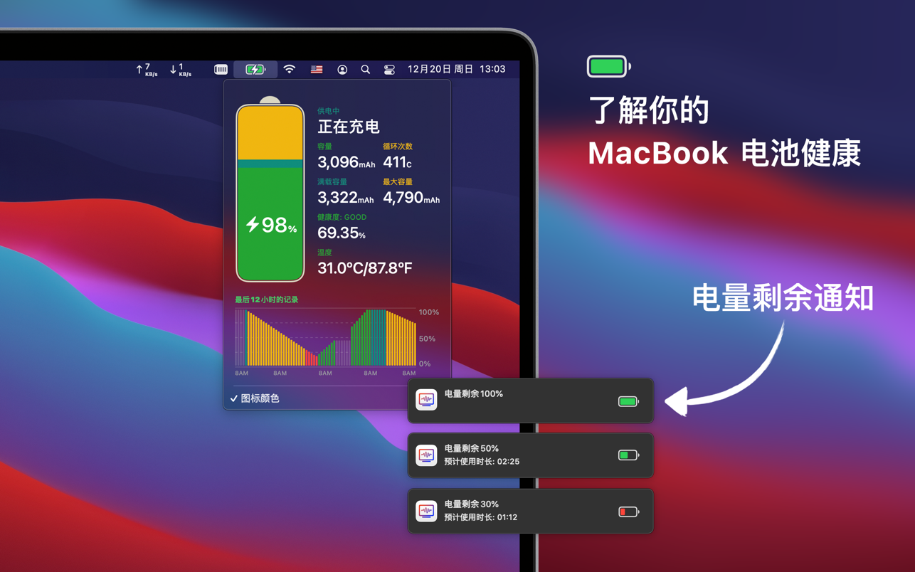 网速 & 电池 Network & Battery 12.2.9 Mac 中文破解版 实时网速显示和电池健康